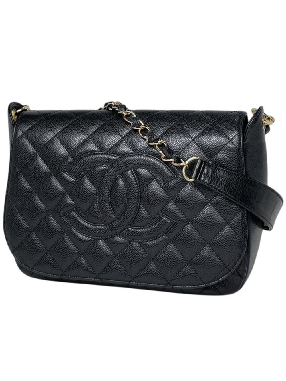 Chanel Shoulder Bag CC Logo Quilted Caviar Leather Black
